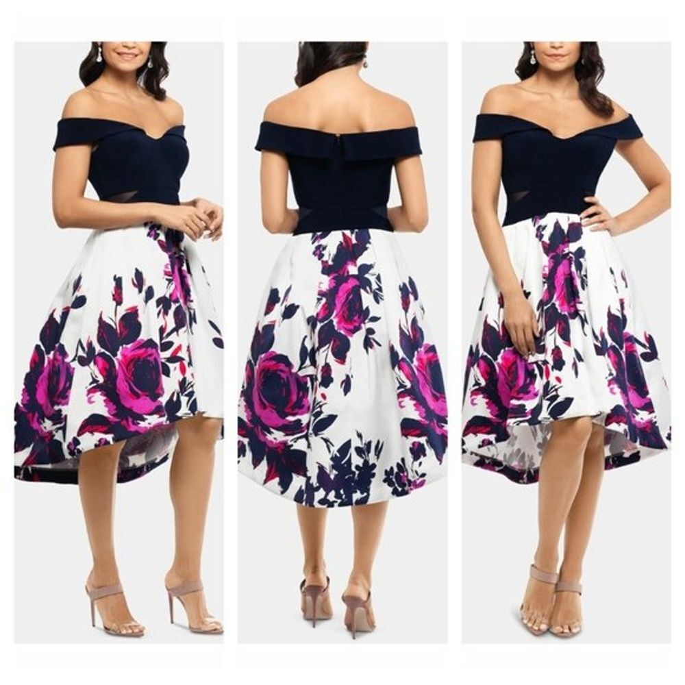 Xscape White Blue Purple Floral Fit Flare High Low Off Shoulder Cocktail Dress 4